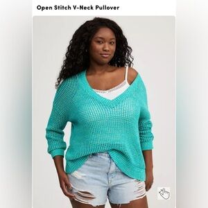 EUC Torrid Open Stitch V-Neck Pullover Sweater 3x Color: Jade Lime Marl